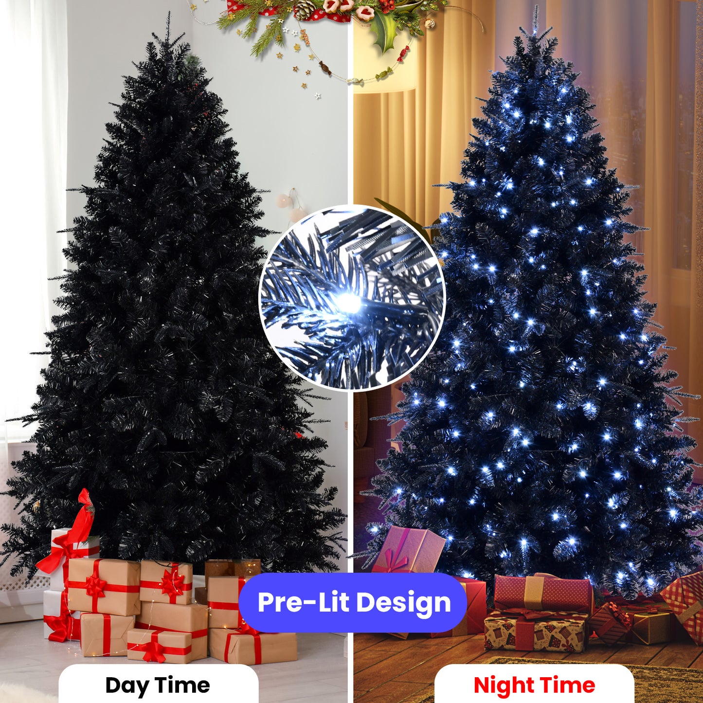 Elegant Black Christmas Tree with Twinkling Lights – Illuminate Your Holidays!