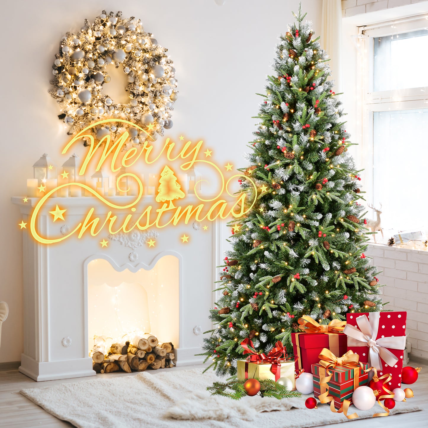 Vibrant Yellow-Green Christmas Tree with LED Lights – Illuminate Your Holiday