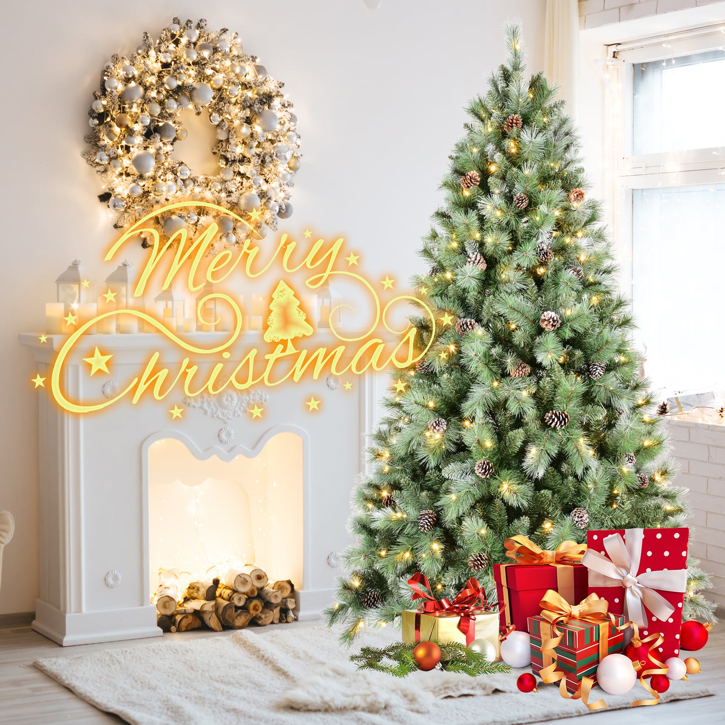 Cheerful Yellow-Green Christmas Tree with Sparkling Lights – Brighten Up Your Home