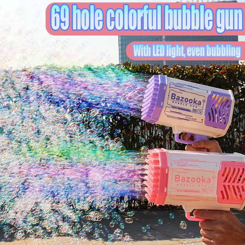 69-Hole Bubble Gun Rocket with Blower and Pom-Pom Toys.