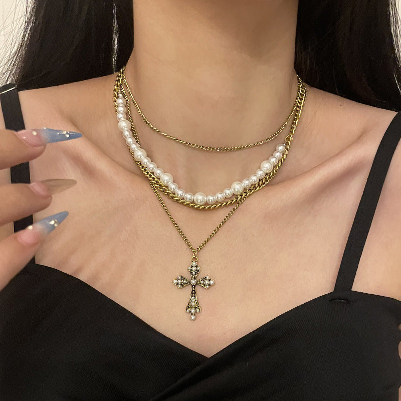 Fashionable and personalized multi-layer pearl cross