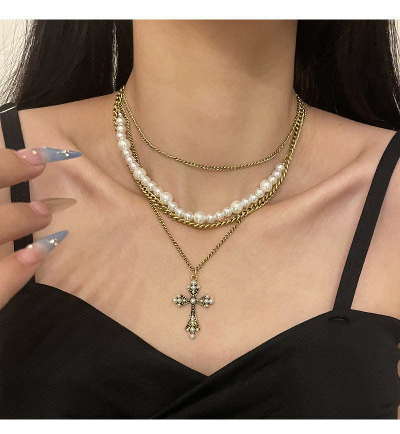 Fashionable and personalized multi-layer pearl cross