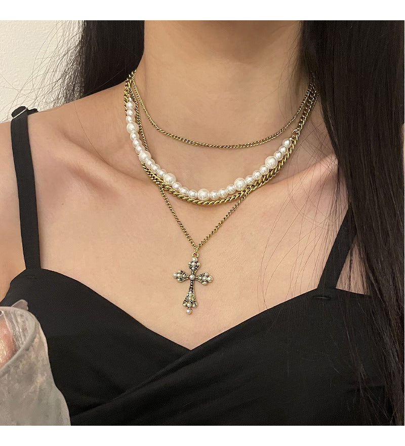 Fashionable and personalized multi-layer pearl cross