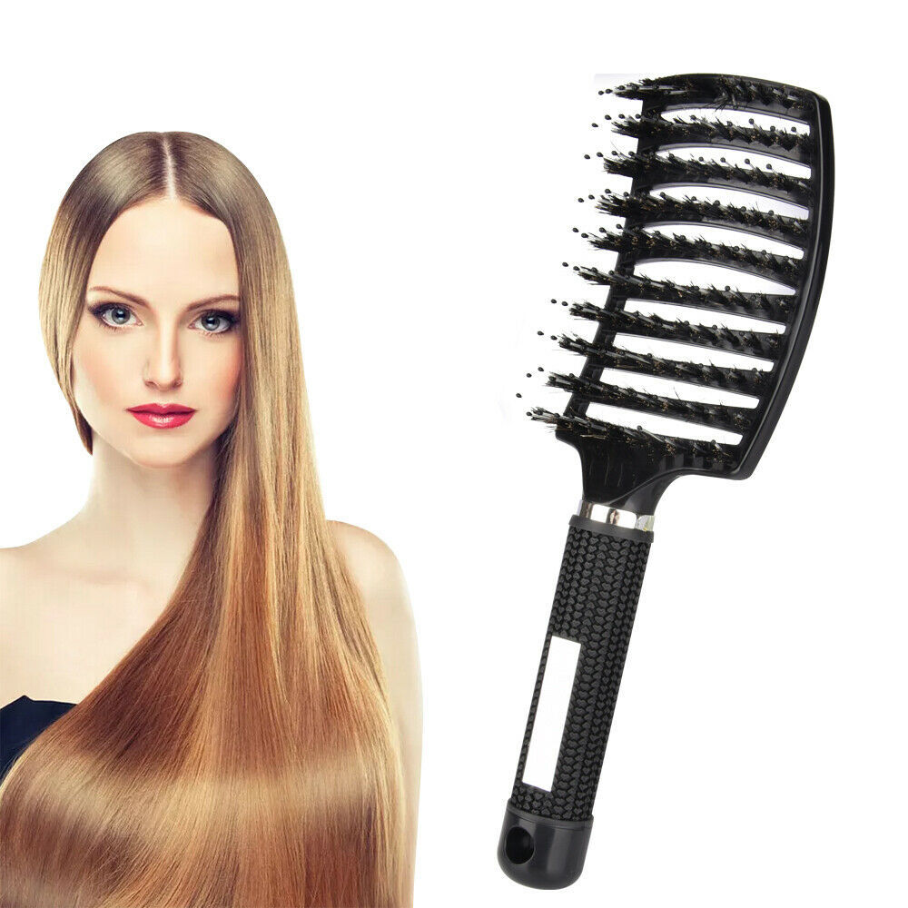 Curved ventilated boar bristle styling hairbrush